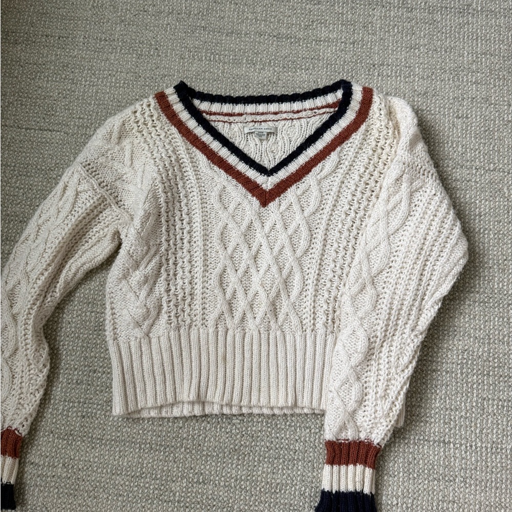American Eagle Outfitters Cropped V-Neck Sweater - Cream, Brown, and Black